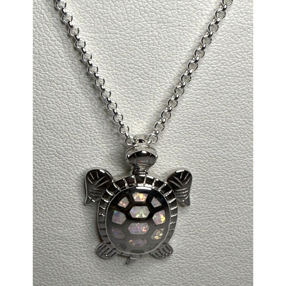 White Opal Turtle Pendant Thick Silver w Italian Made 18” 2mm Silver Rolo Chain